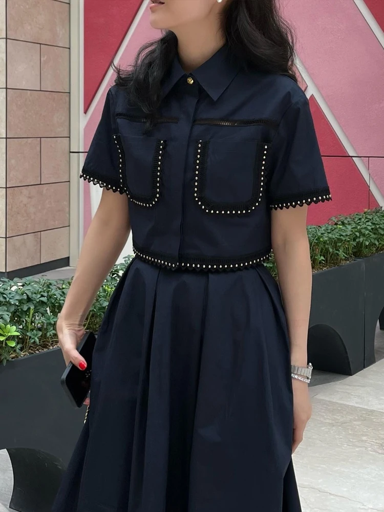 Fashionable Short Sleeve Beaded Lace Shirt High Waist  Skirt White Two Piece Set Women's  Collar Button up Outfit