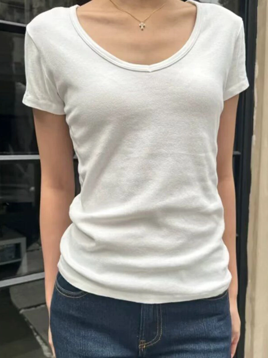 White Cotton Basic Slim T-Shirt Women Summer Short Sleeve V-neck T-shirts Female Casual Simple All-match Tee Shirt Y2k Tops