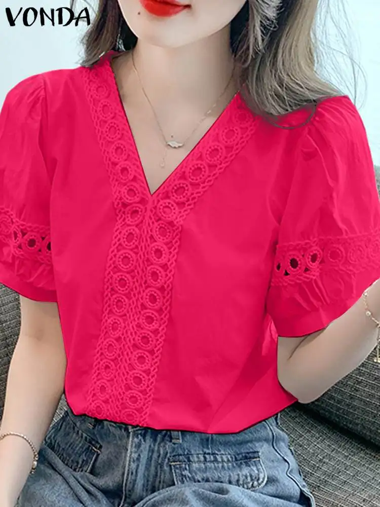 VONDA 2024 Summer Fashion Elegant Blouse Solid Color Lace Shirts V Neck Loose Tunic Tops OL Short Sleeve Casual Blusas Oversized