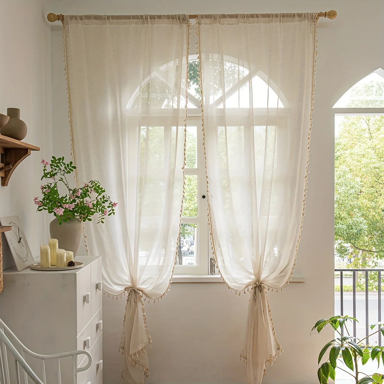 1Pc Light-Transmitting but Not See-Through Natural Wood-Colored Linen Gauze Curtain, with Top Rod Pocket for Hanging, Bohemian Lace Draped Window Sheer, Suitable for Bedroom, Living Room, Balcony, Bay Window Partition Decoration Curtain