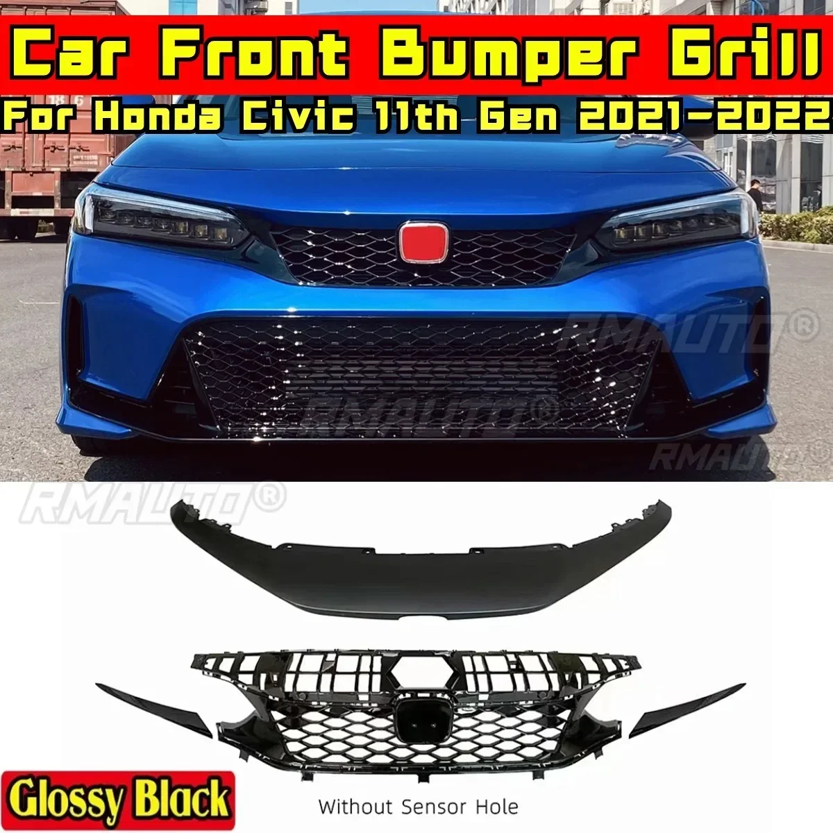 For Honda Civic 11th Gen 2021-2022 Body Kit Front Bumper Grill Glossy Black TR style Racing Grills Grille Car Accessories