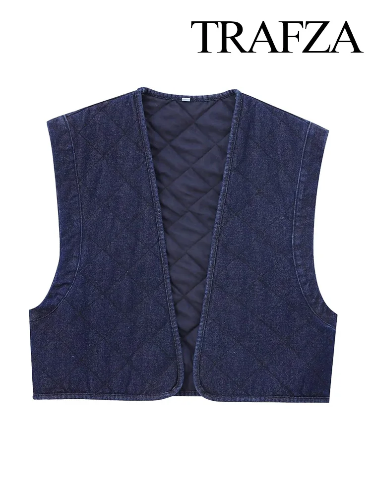 TRAFZA Women Sleeveless V-Neck Solid Short Cardigan Vest Top Female Autumn Fashion Casual Denim Cotton Vest Coat Street Mujer