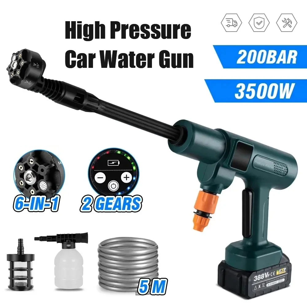 

6-в-1 автомобильный водяной пистолет высокого давления, 200 бар, 3500 Вт, аккумуляторная машина для мойки автомобилей, очистка сада, аккумулятор Makita 18 В