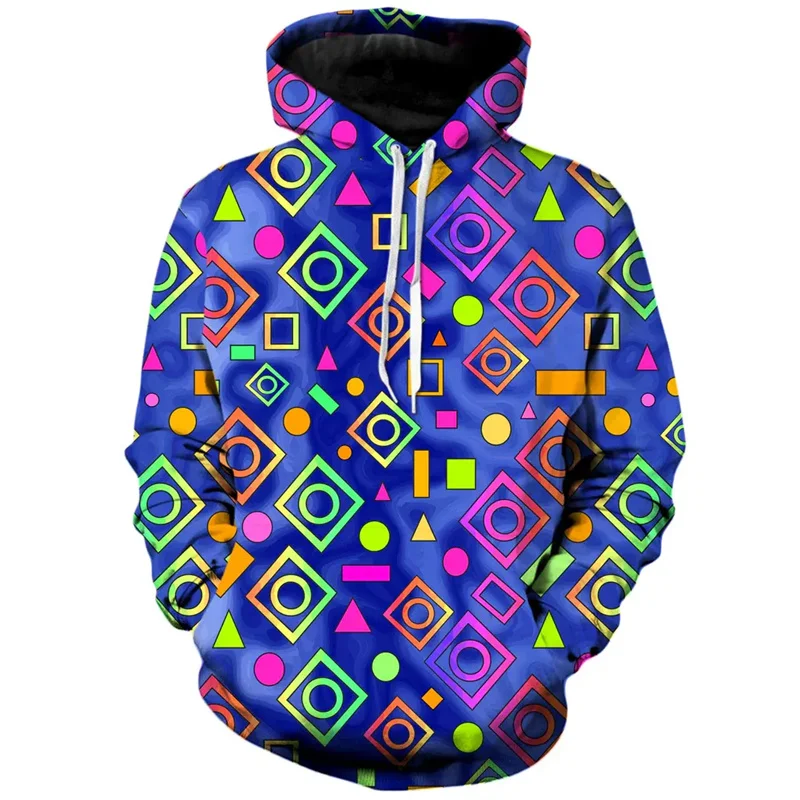 Geometric 3D Printed Hoodie For Men Colorful Y2k Graphic Sweatshirt Street Personality Kids Pullovers Loose Long Sleeve Tops