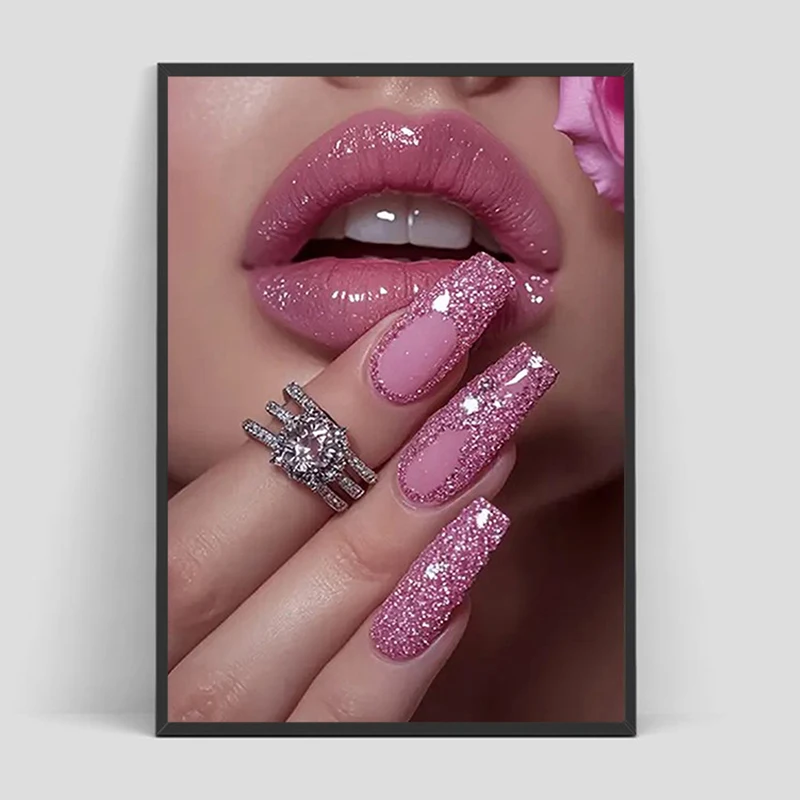 

Chic Pink Lips and Fashion Nail Poster HD art wall waterproof home living bedroom coffee house bar room wall decoration