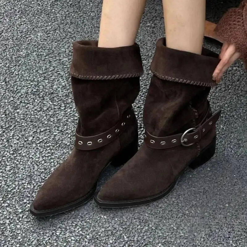 الأحذية النسائية الجلد المدبوغ حذاء من الجلد أشار تو أحذية بكعب مصمم شتاء جديد فارس المصارع مضخات أنيقة Mujer بوتاس #2