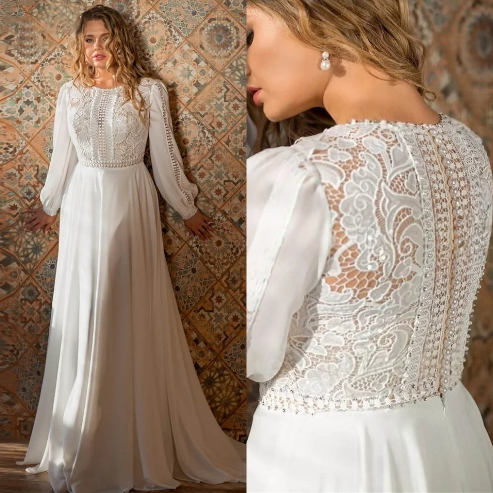 カスタマイズされた白ジャージブライダルドレス気質クルーネック長袖ウェディングドレスチャペルトレインジッパーバックドレス