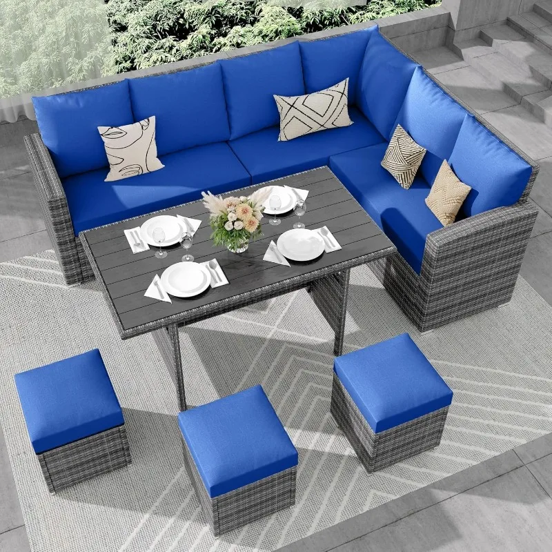 

home.7 Piece Outdoor Patio Furniture Set with Plastic Wooden Table, Patio Rattan Conversationr Sofa Set, All Weather Sectional R