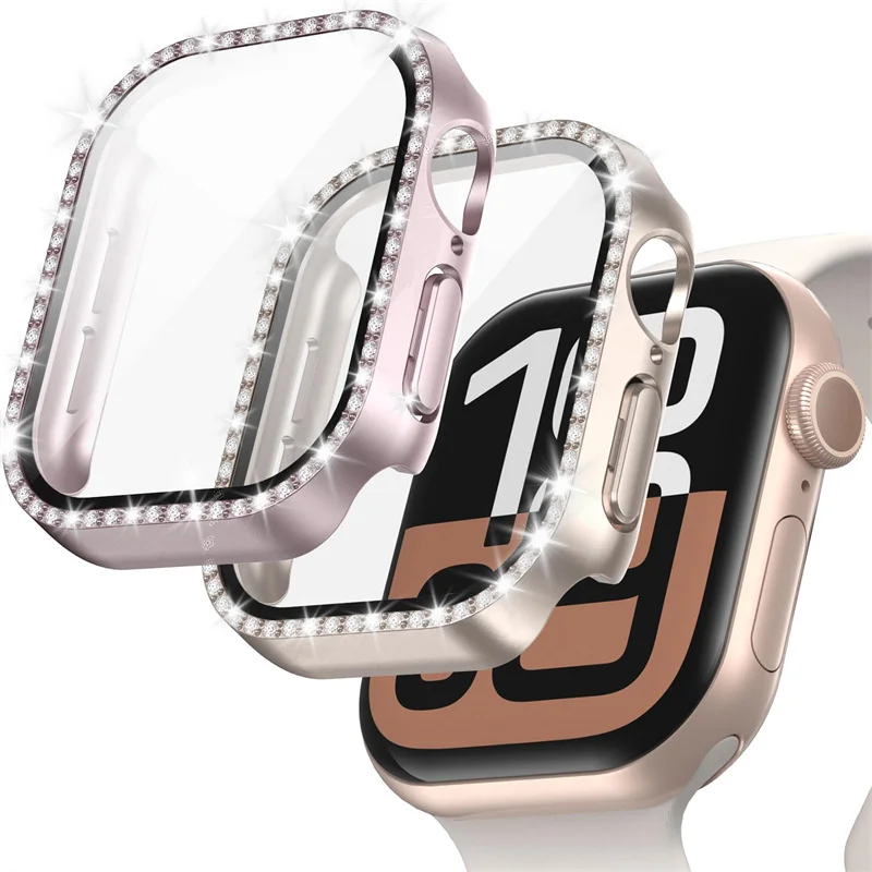 Glass+Diamond Cover For Apple watch case 40mm 44mm 41mm 45mm 42mm 46mm Bling Bumper Protector iWatch series 10 9 5 6 7 8 se case