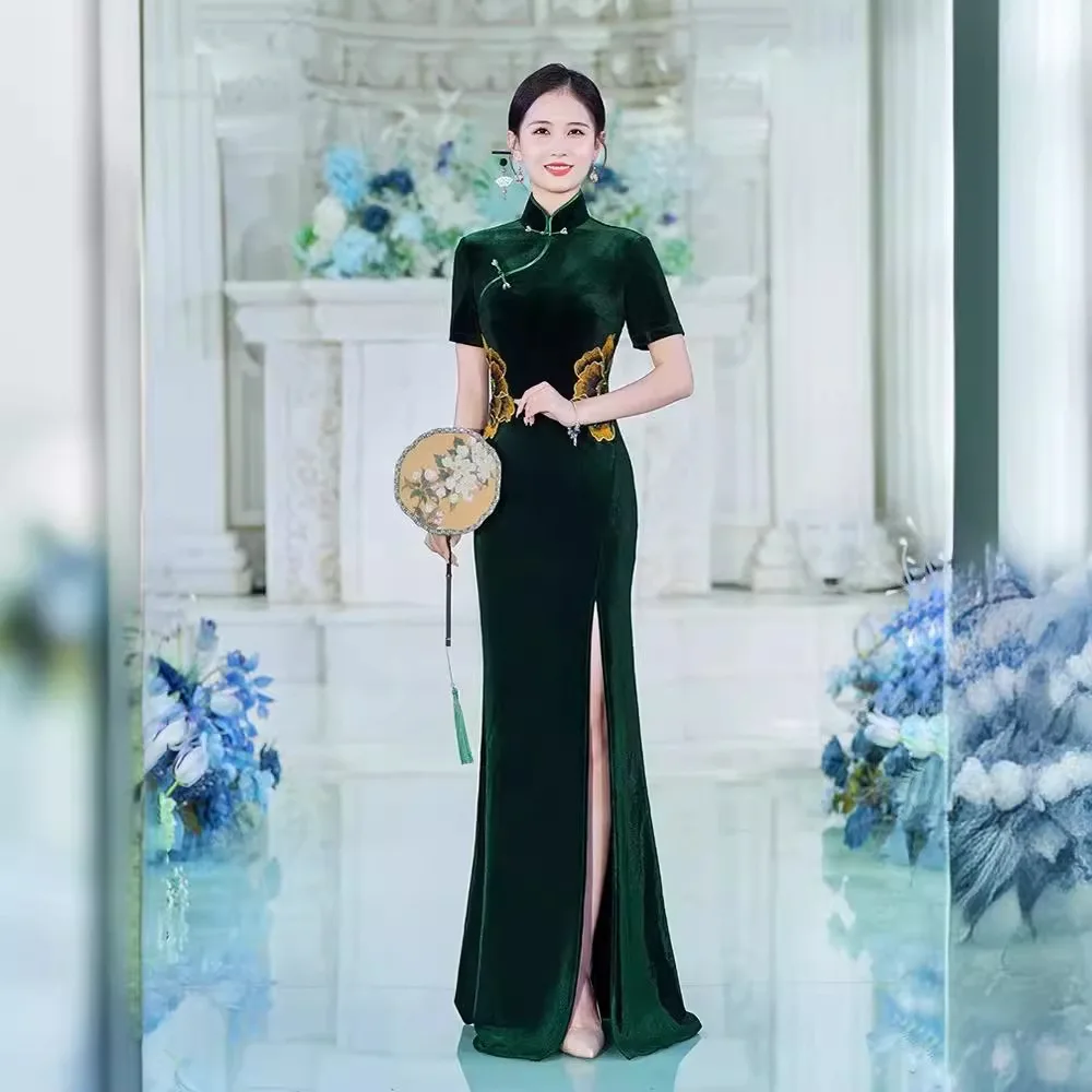 

Walking Show Flag 2024 New Gold Velvet Long Performance Dress Mermaid Slimming Chinese Style Dress Cheongsam