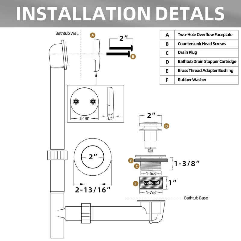 Anti-Odor Bathtub Sink Bathtub Plug Decoration Kit With Two-Hole Faceplate,Bathtub Drain Set Coarse Brass Chrome