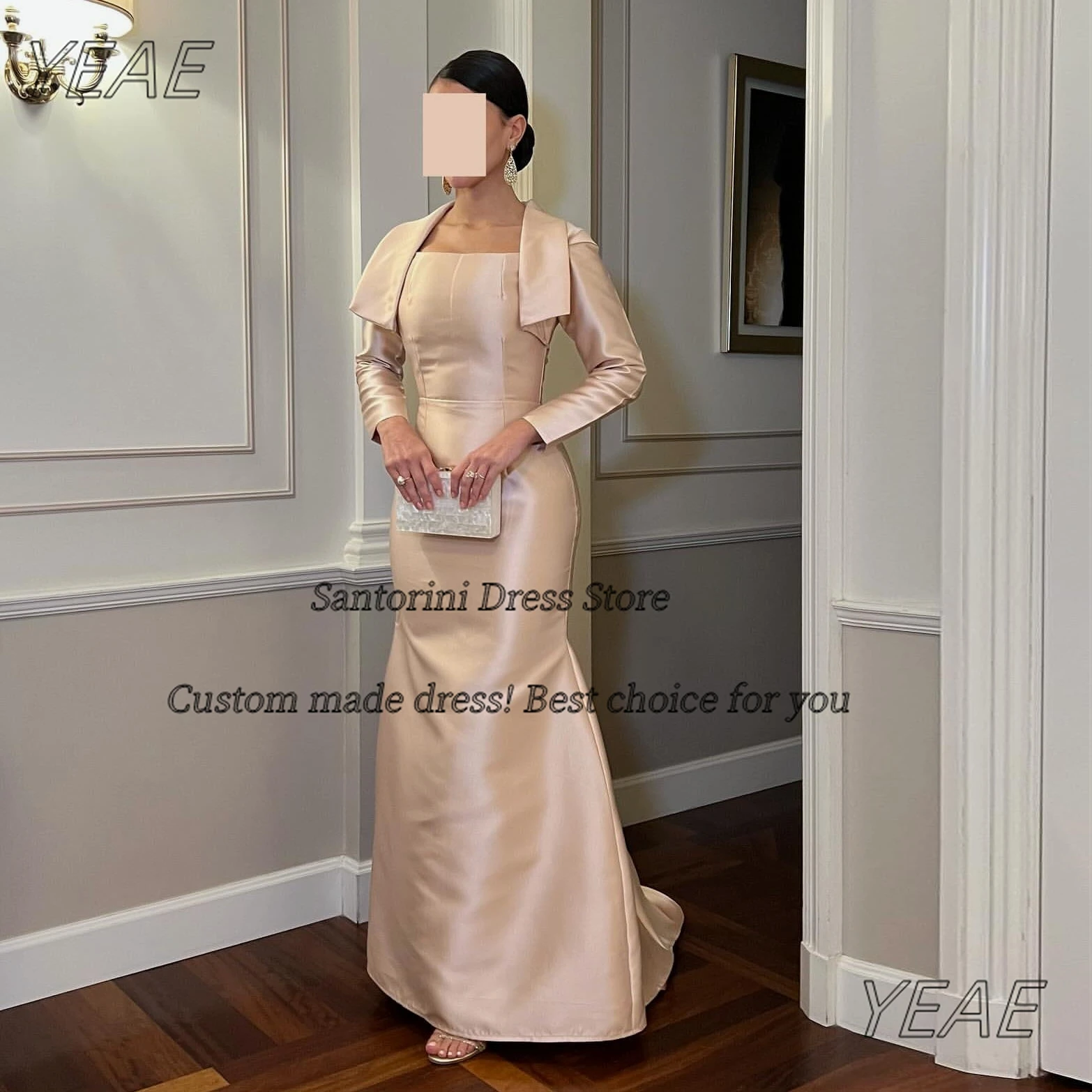 

Santorini Evening Dresses Woman Elegant Long Sleeves Prom Dress Zipper Back Sweep Train Formal Occasion Gowns Customized