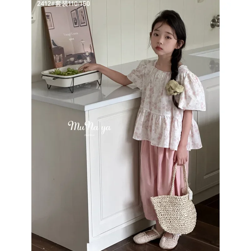 

2025Girls' Summer New Pastoral Style Floral Doll Shirt and Shorts Set