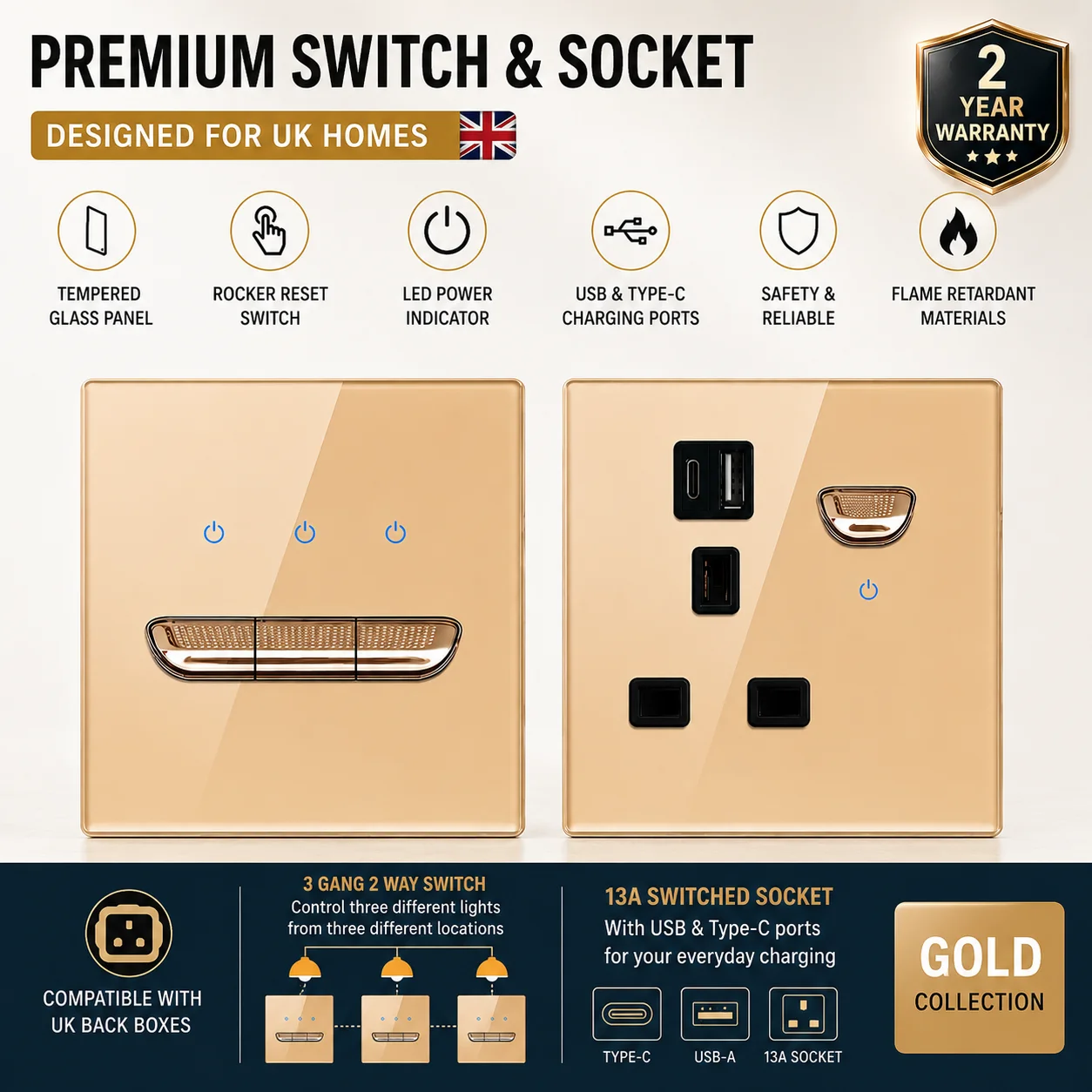 Gold Glass Panel Wall Switch LED Euro 16a Socket Retro Toggle Light Switch EU UK Standard 2way Socket 1-4gang Wall Power Outlet image 3