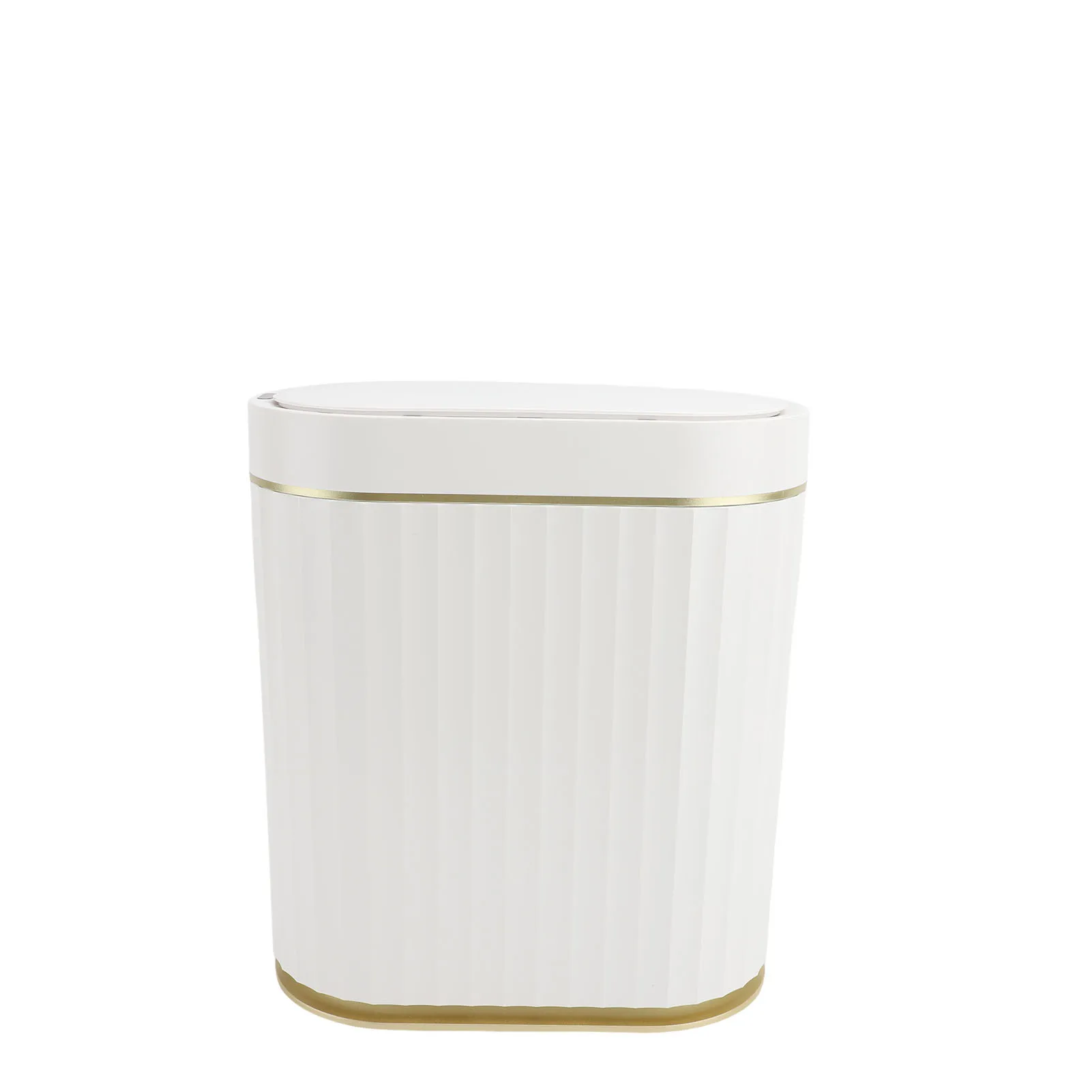 

Automatic Bathroom Trash Can White Gold Border Battery Powered Automatic Motion Sensor Garbage Bin IPX5 Water Proof for Office