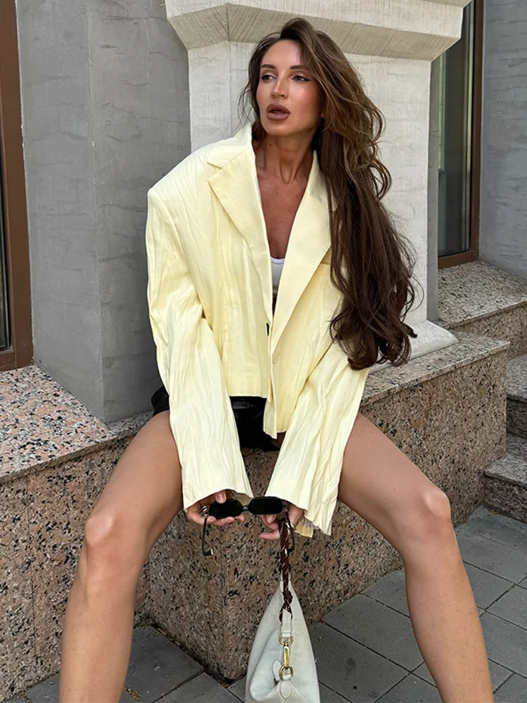 

Chic Pleated Short Jacket Loose Pant Set Women Casual Solid Lapel Suit Jackets Long Pants Sets Lady 2025 Retro Street Outfits