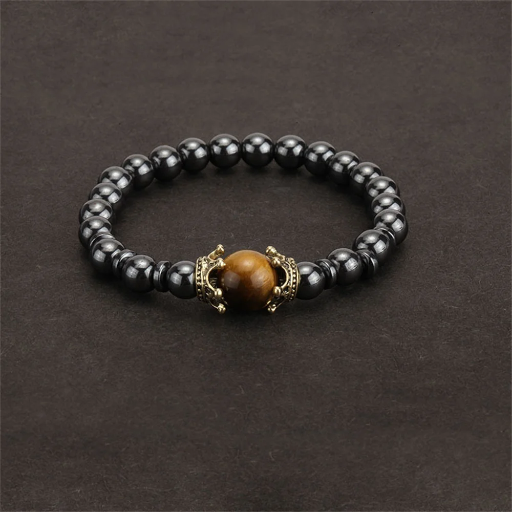 Trendy Personality Nature Stone Bracelets For Men Vintage Crown Symbolic Power Hematite Ore Beaded Bracelets Gifts For Friend