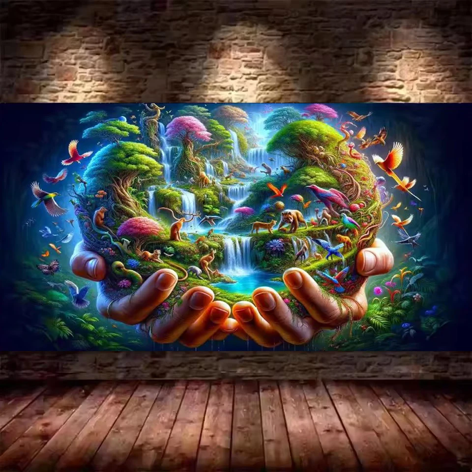 Diy Diamond Painting Kits Large Size Two Hands Holding Stunning Rainforest With Cascade, Many Animals And Many Beautiful Birds