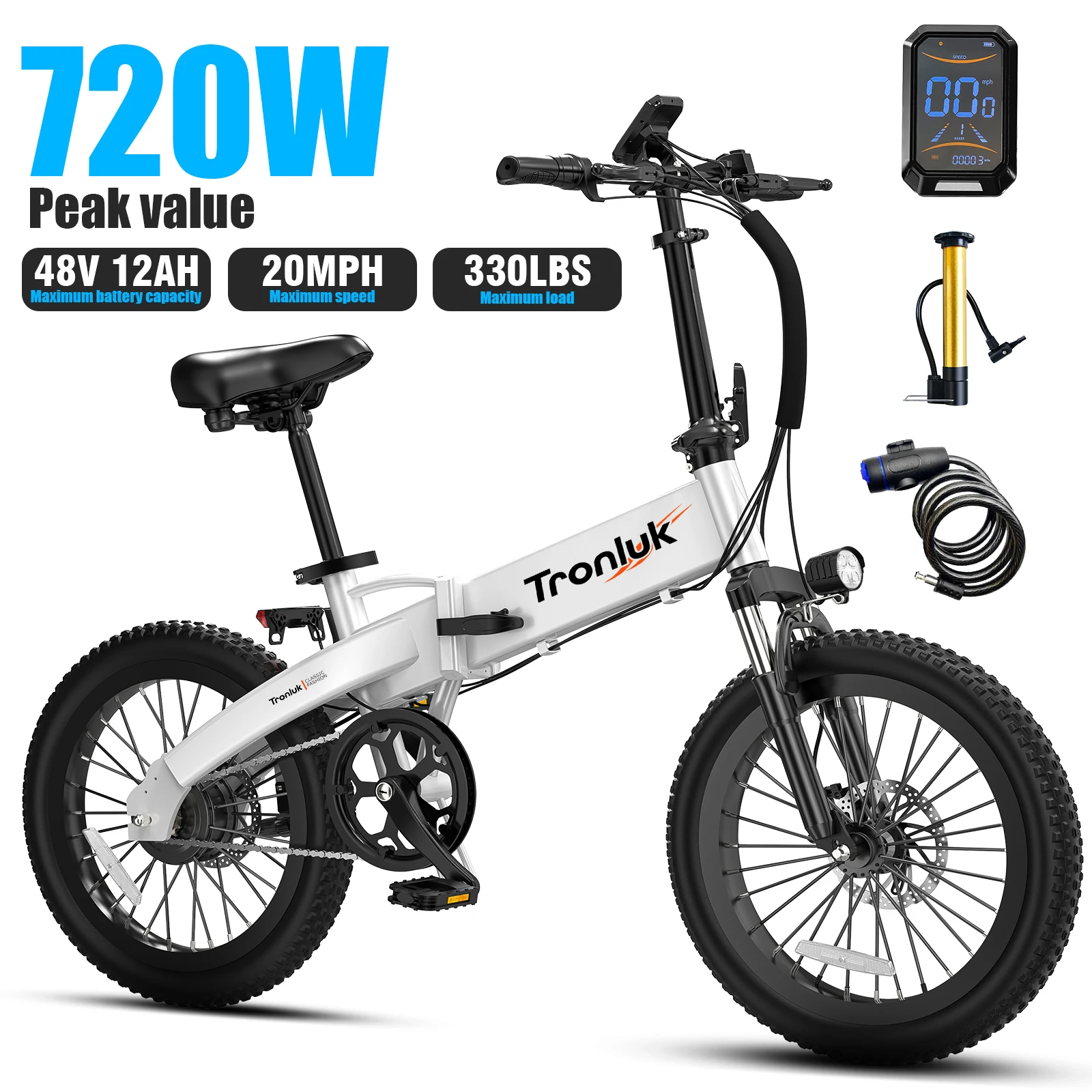 

20-дюймовый складной пиковый двигатель мощностью 720 Вт, диапазон 20 миль, 20 миль, 48 В, 12 Ач, максимальная нагрузка 330 фунтов, передние и задние дисковые тормоза, светодиодный дисплей