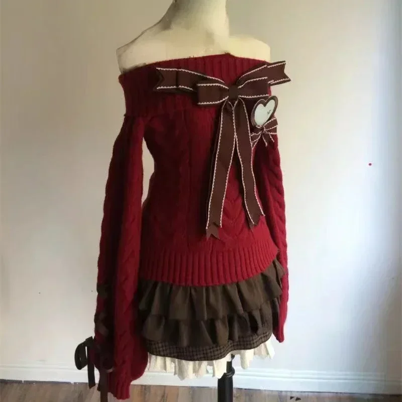 Świąteczne dzianinowe 2-częściowe zestawy damskie Off Shoulder Red Pullover Y2k Vintage Odzież Damska Jesień Zima Casual Chic Set