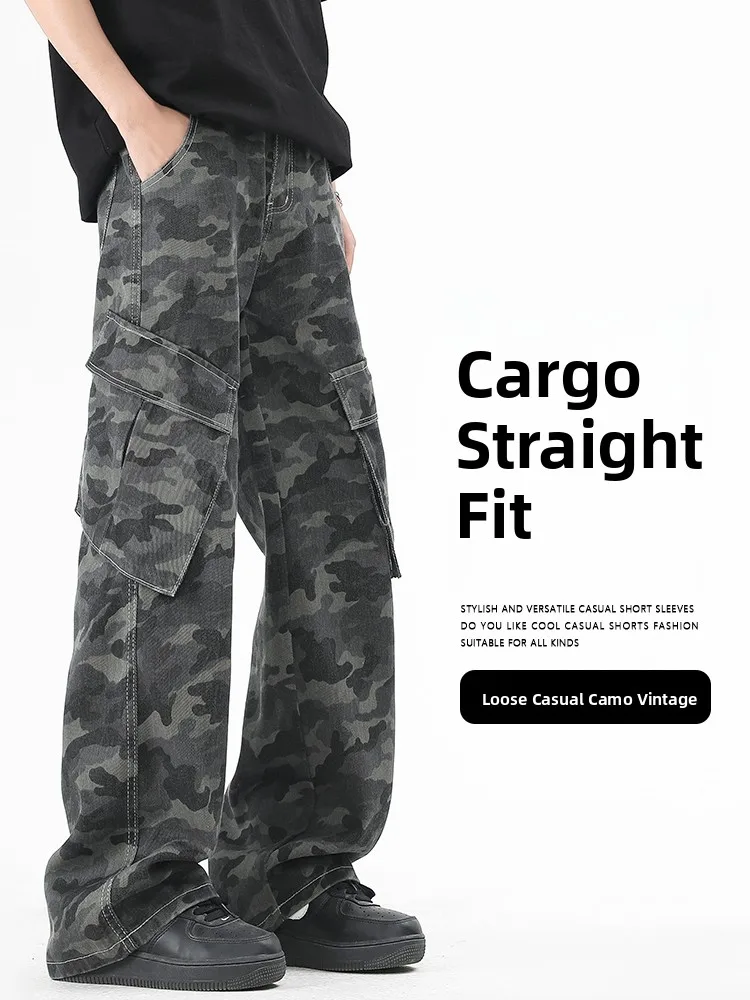 

Camouflage Workwear Pants Men's 2026 New Trendy American High Street Straight Loose Wide Leg Long Trousers Multi ket Casual