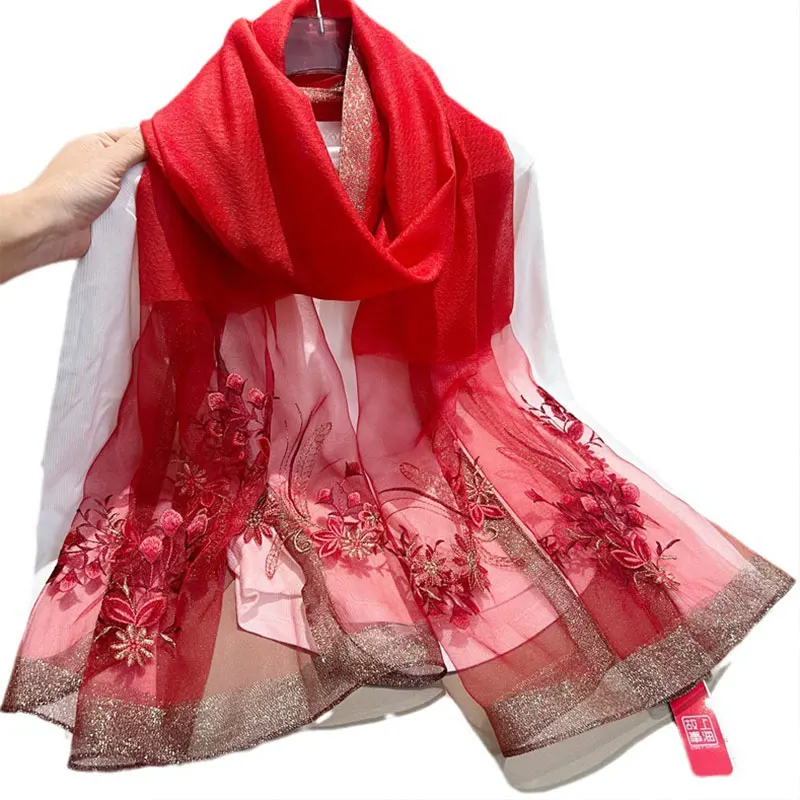 Large Silk Wool Scarf Fashon Beach Shawl Wraps Women Neckerchief Embroidery Female Foulard Stoles Bandana Hijab Scarves poncho