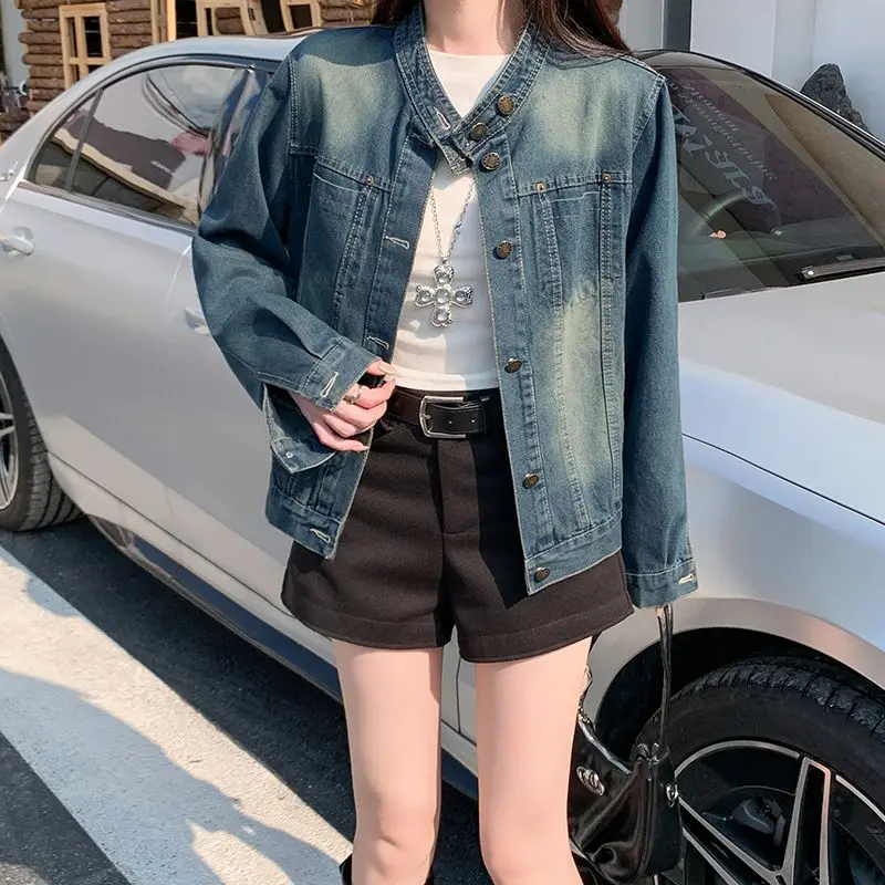 

Свободная джинсовая куртка в стиле ретро, женская джинсовая короткая куртка с воротником-стойкой, новый дизайн, Top Tide