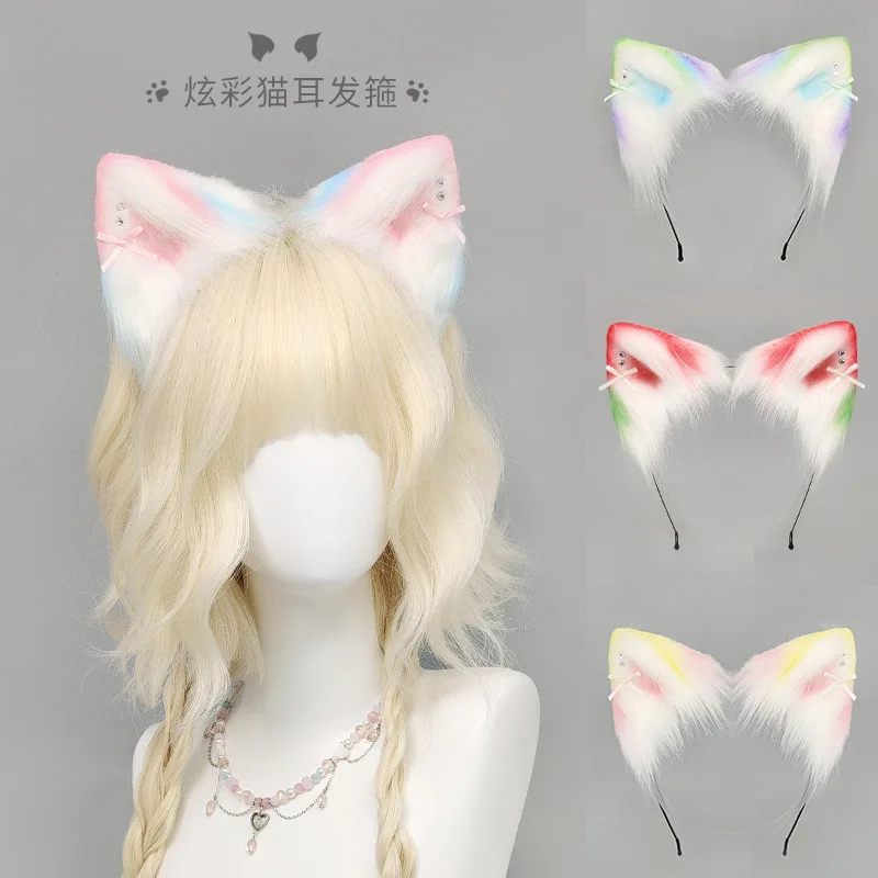Headband Telinga Kucing Berwarna-warni Gradasi untuk Wanita, Aksesoris Rambut Telinga Binatang Berwarna untuk Pembawa Acara Live Streaming, Cosplay, dan Tari Drag