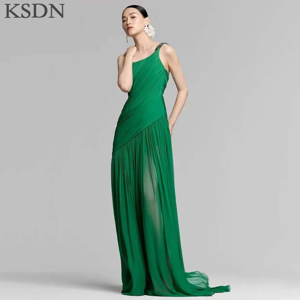

Chic One-Shoulder Evening Dresses Customzied Sleeveless Chiffon Chapel Train Dress Special Occasion Draped Women Long Gowns