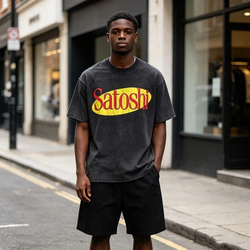 Summer fashion brand SATOSHI oval contrasting letter print pure cotton T-shirt loose casual retro distressed hole Tee top