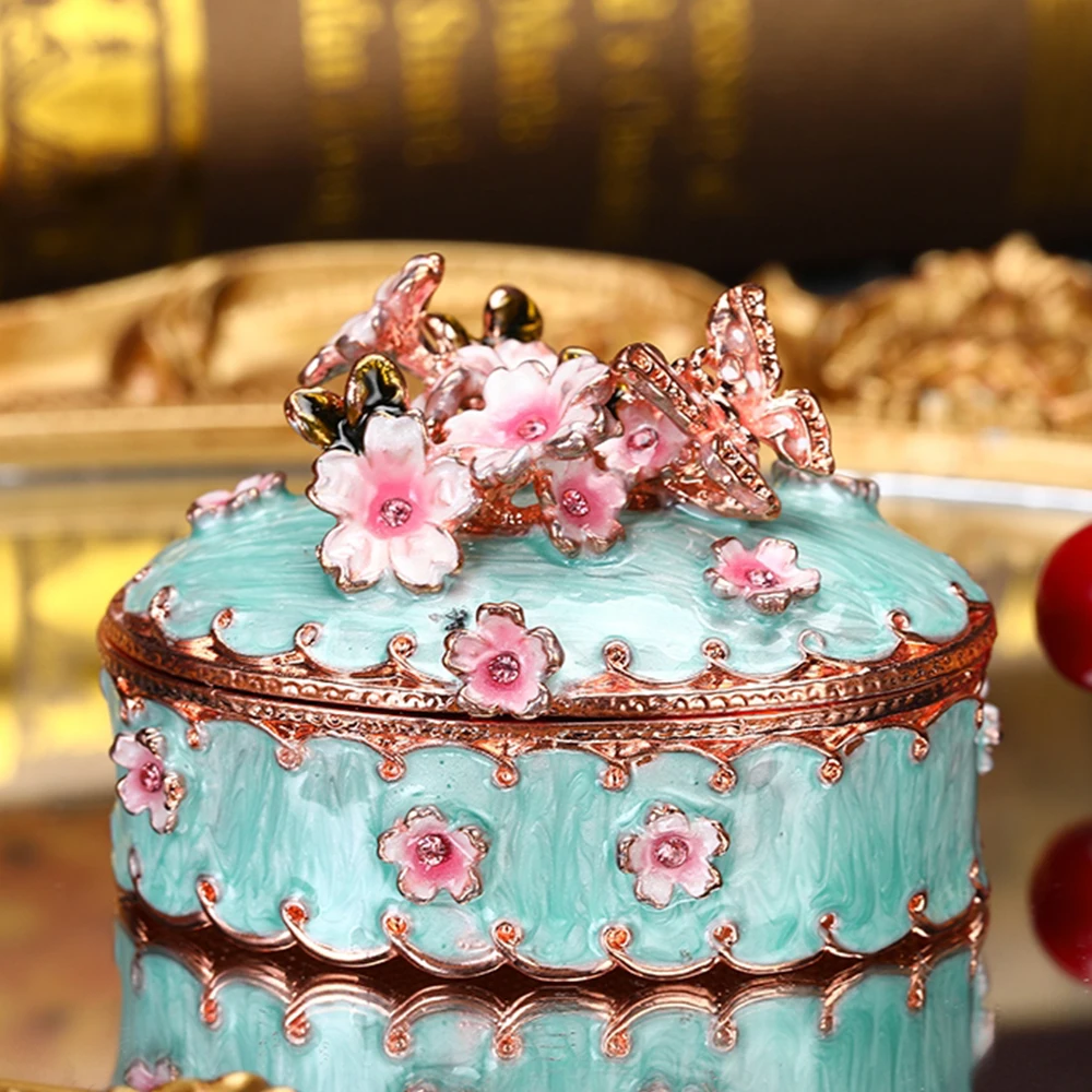 손으로 그린 크리스탈 악세사리 보석 상자 1 개, 힌지 핑크 꽃 벚꽃 입상 보석 상자 크리스마스 선물 소녀용