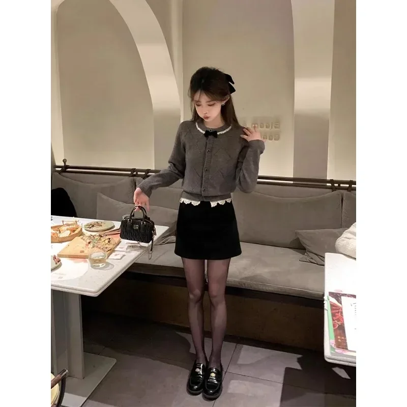 ถักเสื้อสเวตเตอร์ถักผู้หญิง PURE Lust สไตล์สีดํา LACE-up Bow ฤดูใบไม้ร่วงใหม่ SLIM FIT เอวสั้นเสื้อกันหนาว Keep WARM ยืดเล็กน้อย