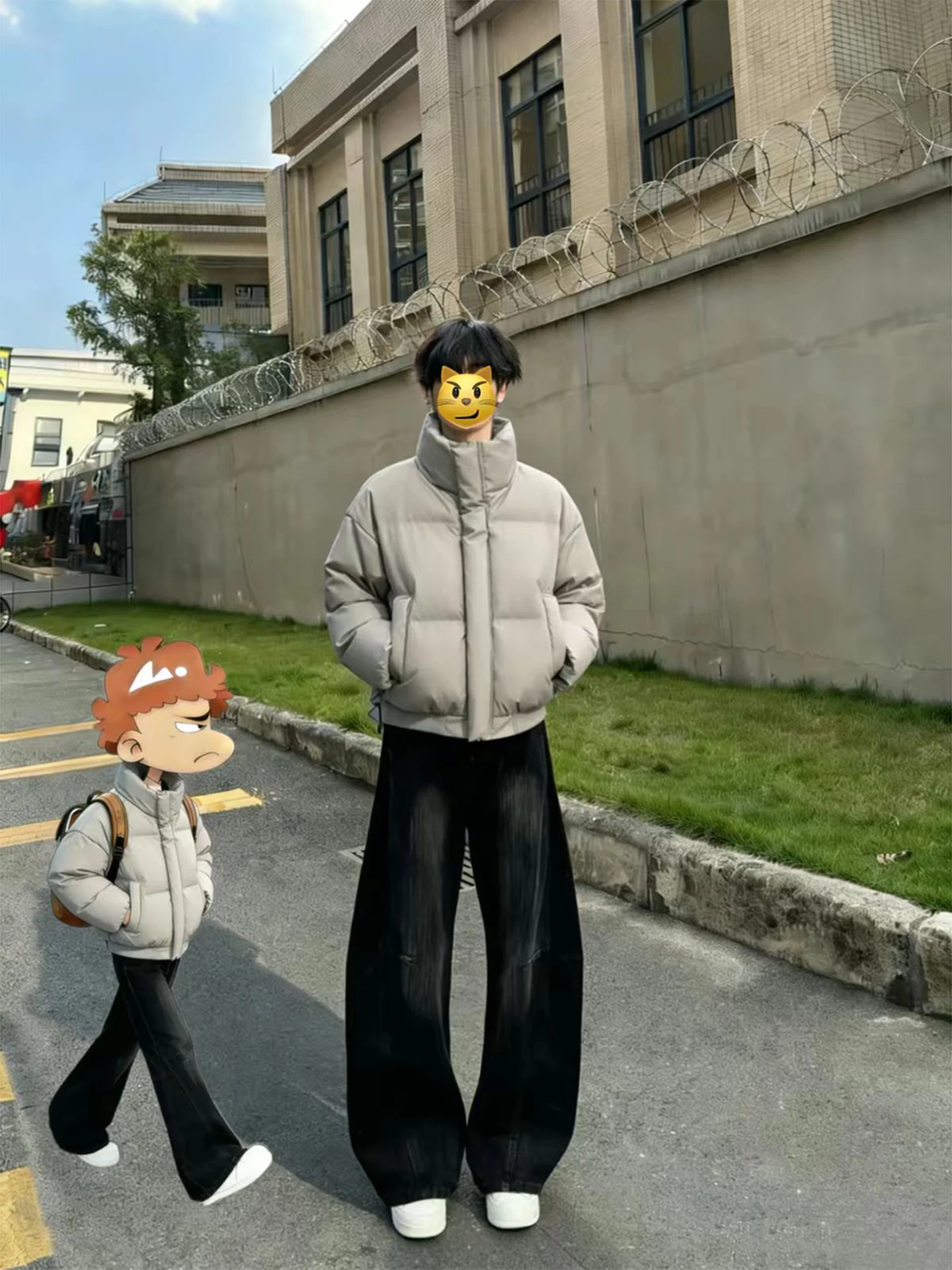 

Gray Short PU Leather down Jacket Men's Winter American Style Bread Shape Thick Warm Cotton Outerwear Stand Collar Coat