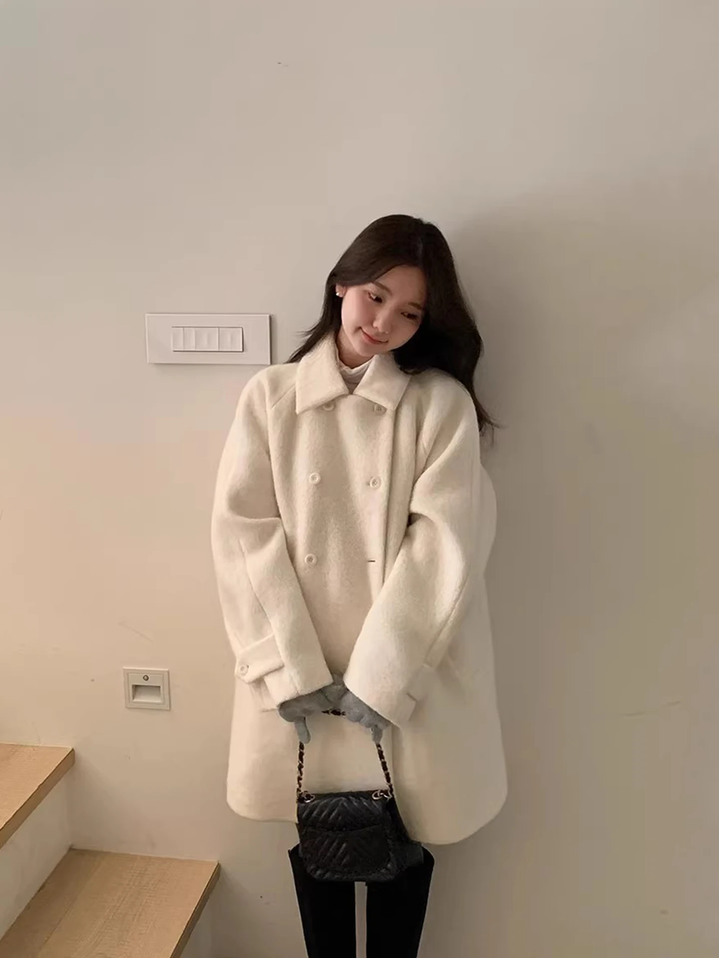 Ele Double-Breasted Thiened Woolen Coat Women's Autumn Winter Loose Versatile Warm Woolen Cloak French Sle Long Sve