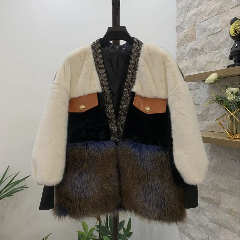 Mink Faux Fox Fur Coat Women Mid-Length Fashionable Elegant Luxury Furry Outerwear Loose Artificial Fur Jacket Winter New 2024