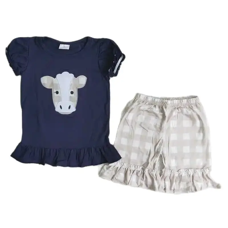 

2022 Daily Wearing RTS Summer Baby Girls Clothing Sets Dark Blue Cow Sleeve Top Boutique Outfits Baby Pliad Shorts Sets Fashion