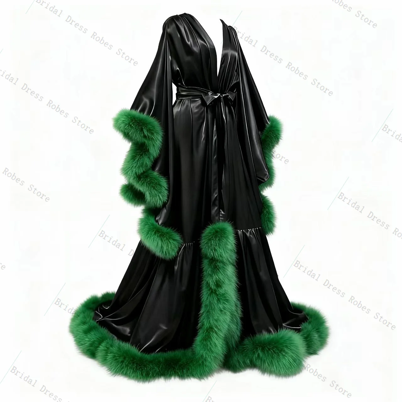 

Fur Satin Women Pregnant Prom Dress For Photoshoot Belted Full Sleeves Bridal Morning Robe V Neck Customized Night Gown