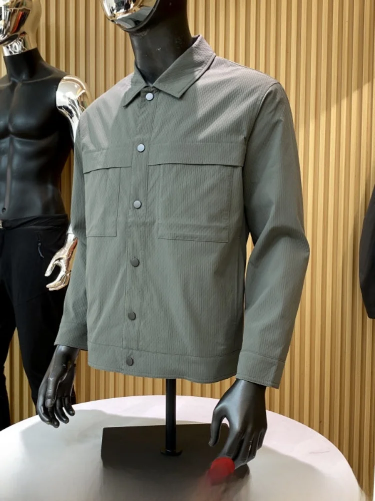 

High Quality Men's Casual Business Jacket with Embossed Texture Flip Collar Spring Fashionable Outerwear Polyester Fiber