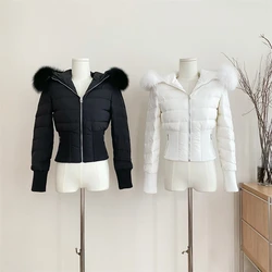 Winter Real Fox Fur Women White Goose Down 2000s Short Jacket Warm Puffer Female Outdoor Thick Cropped Y2k Fashion Parkas 2024