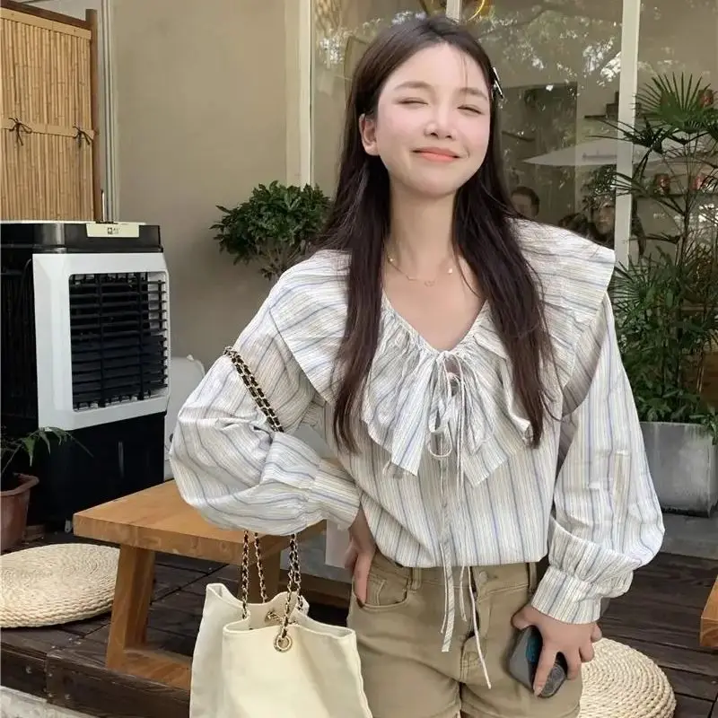 

Japanese Sweet Blue White Striped Ruffle Lace-Up V-Neck Long-Sleeved Pullover Shirt Women Spring Autumn New Loose Top