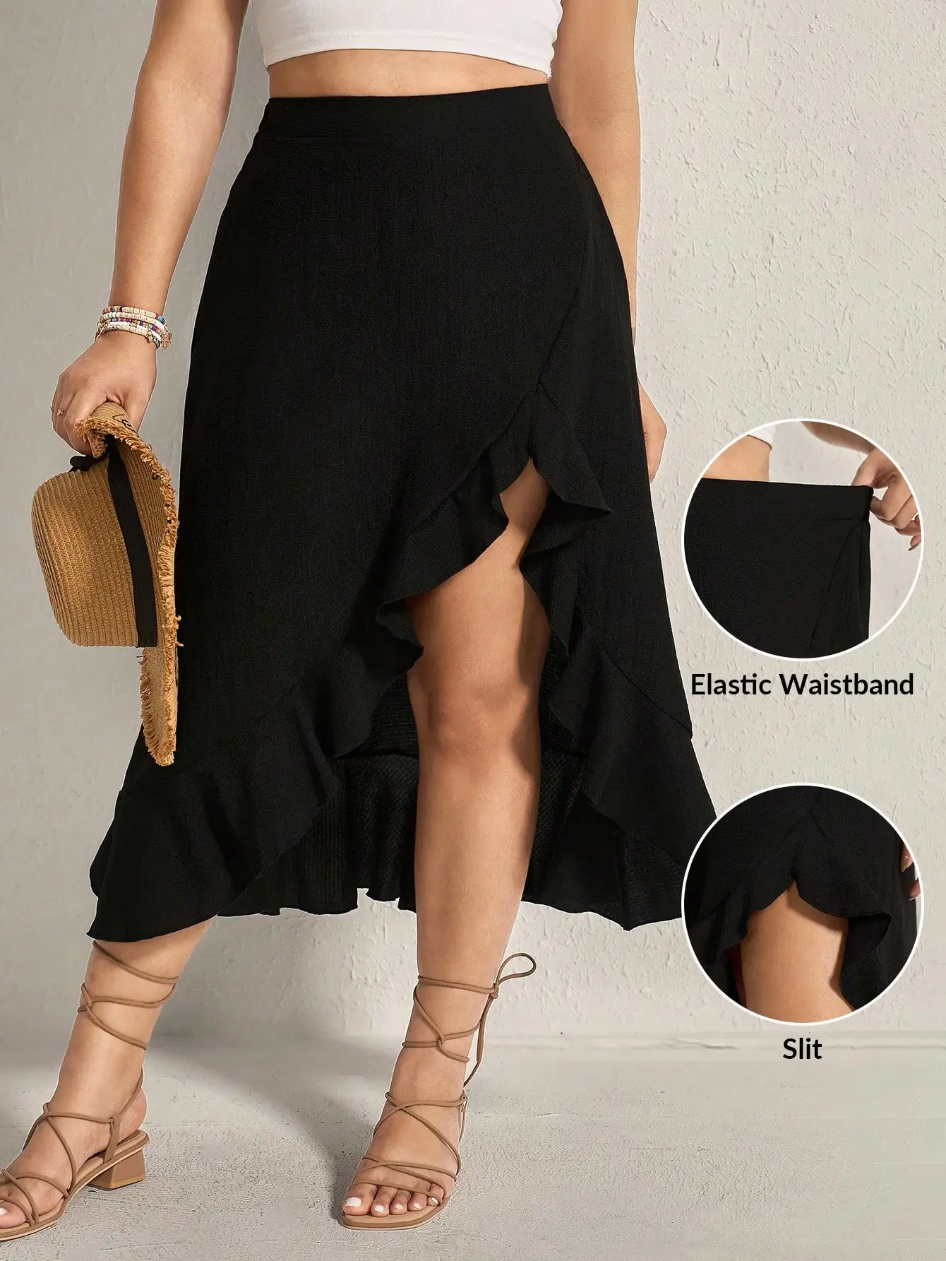 

Юбка большого размера черного цвета с асимметричным краем, рюшами, разрезом и эластичной талией для лета и осени