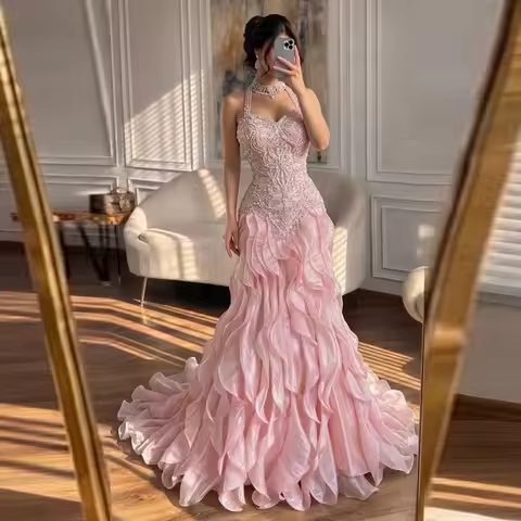 Amazing Pink Mermaid Prom Dresses Lace Appliques Beaded Organza Ruffles Evening Gowns Wedding Party Dress Vestidos