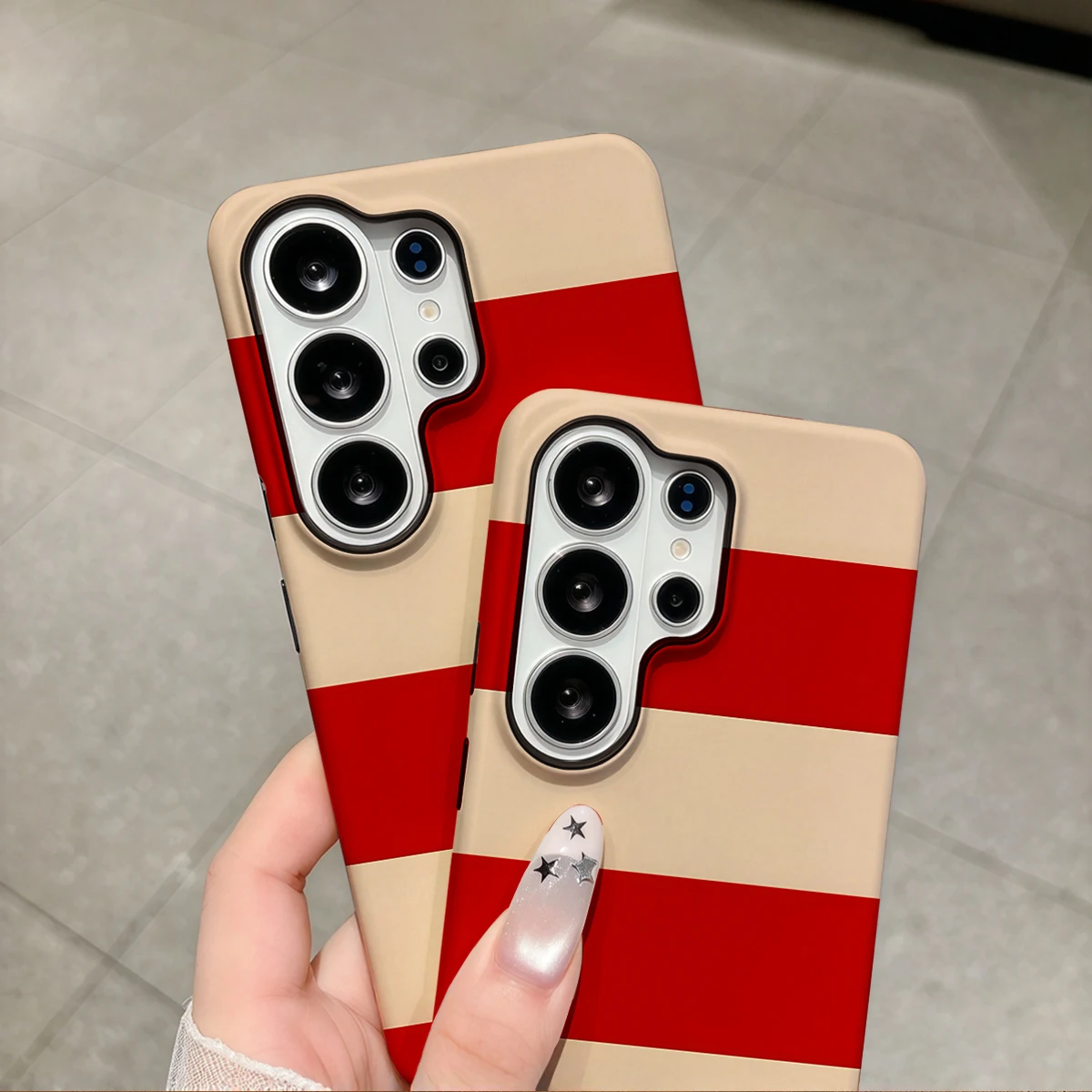Red Cream Wide Stripes Phone Case For Samsung Galaxy S26 S25 Ultra S24 S23 Plus Hard Shock‑Absorption 2-in-1Protective Cover