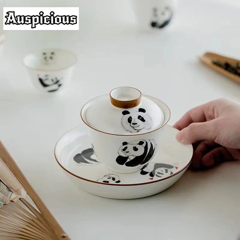 150ml Boutique White Porcelain Tea Tureen Cute Panda Art Tea Bowl With Cover Tea Maker Gaiwan Household Kung Fu Teaware Set Gift