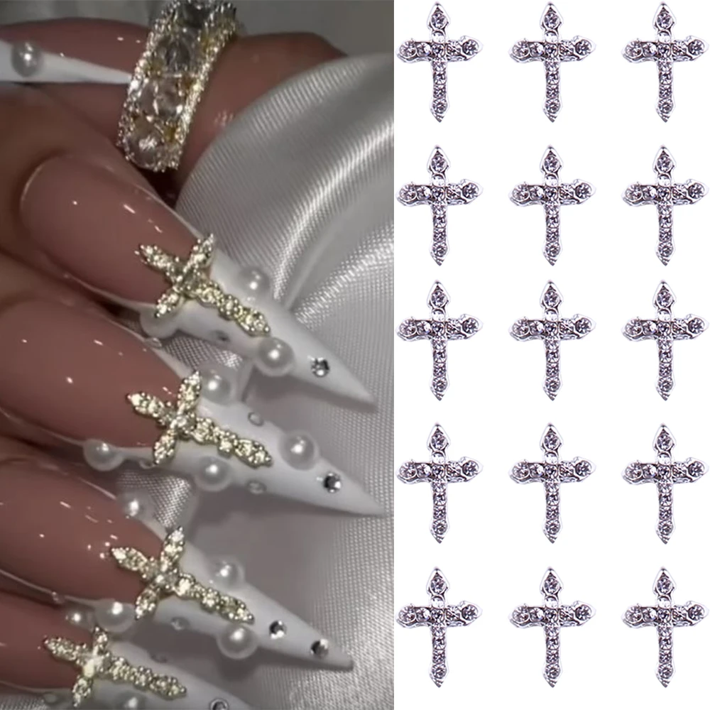 10Pcs Gold/Silver Cross Nail Charms 7*11cm Flat-Back Alloy Jewelry 3D Classic Glitter Cross Rhinestones Gems Manicure Decor*-JE-