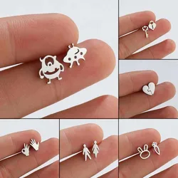 Shuangshuo Funny Cartoon UFO Alien Shape Earrings for Women Asymmetry Stainless Steel Stud Earring Everyday Jewelry Gift