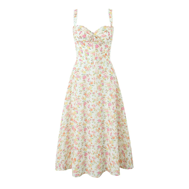 YENKYE Sexy Elegant Women Lace Patchwork Floral Print Sling Midi Dresses Holiday Summer Lady Party Vestidos Cotton Robe