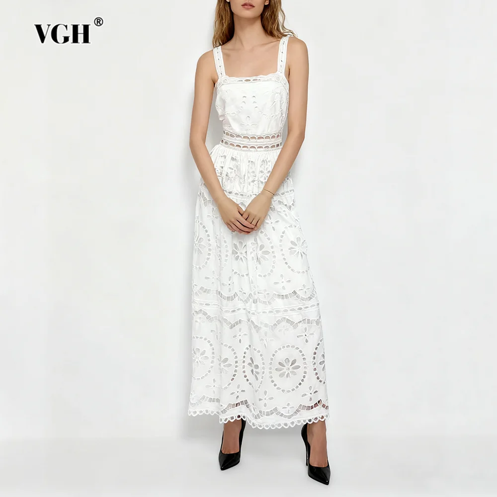 

VGH Sweet Slimming Hollow Out Long Dresses For Women Square Collar Sleeveless High Waist Summer Casual Solid Dress Female New