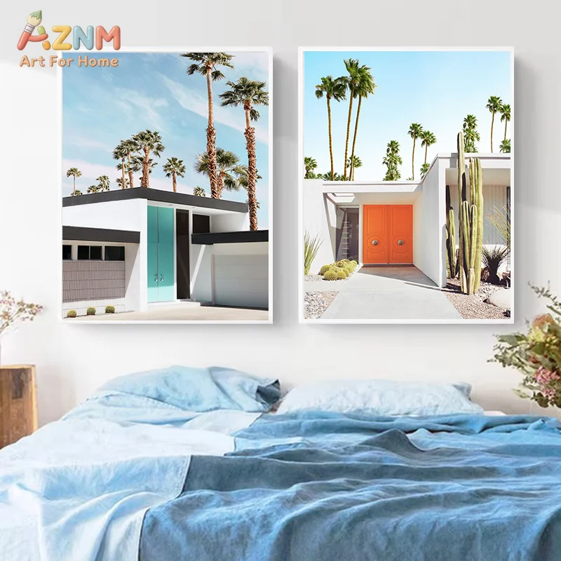 AZNM Palm Springs Summer Canvas Wall Art Palm Tree Pool Flamingo Float Retro Car Mid Century Modern Vacation Home Unframed Canva