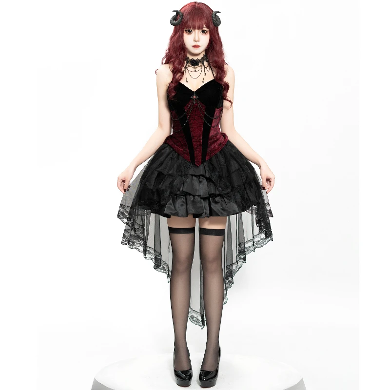 Halloween Woman Cosplay Dark Gothic Witch Demon Vampire Ghost Bride Tailcoat Suspender Dress Terrifying Zombie Death Black Dress